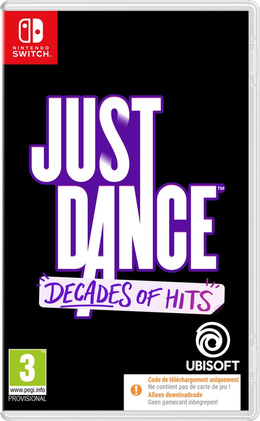 Nintendo Switch spel Just Dance Decades of Hits met paarse tekst op zwarte achtergrond.