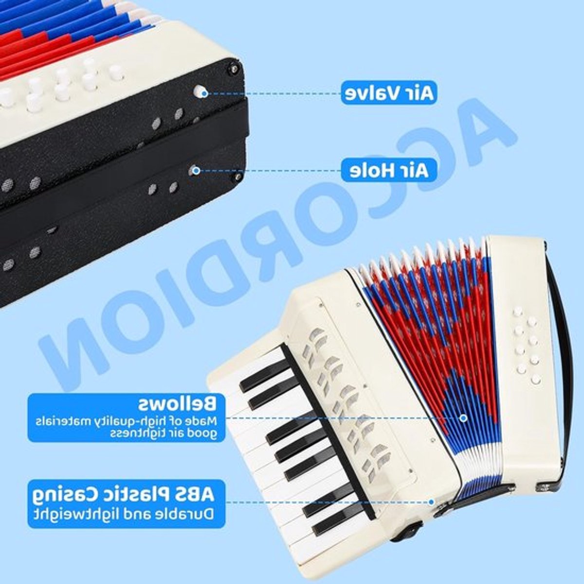 Diatonische Accordeon voor Kinderen met 17 Toetsen en Verstelbare Bandjes, Muziekspeelgoed voor Kinderen vanaf 3 Jaar, Perfect als Cadeau voor Muziekliefhebbers