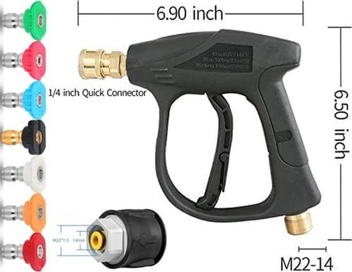 Hogedrukspuit 3000 PSI - 7 Spray Nozzles - M22/14 mm Aansluiting - Duurzaam Kunststof - Schokbestendig - Geschikt voor Auto Reiniging - Hogedrukreiniger