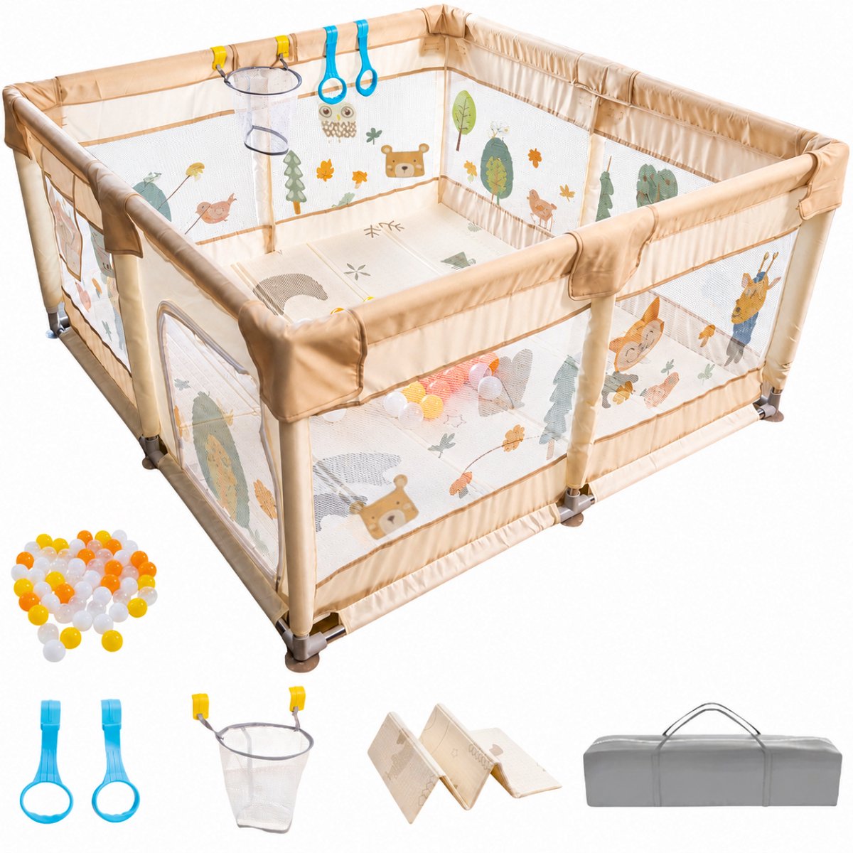 Grondbox Babybox 128x128 cm - Speelmat - Basket - 2 Optrekhandvatten