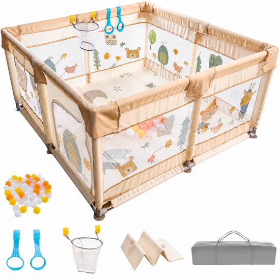 Beige baby box met cartoon dieren en bomen print, inclusief speelmat, ballen en draagtas.