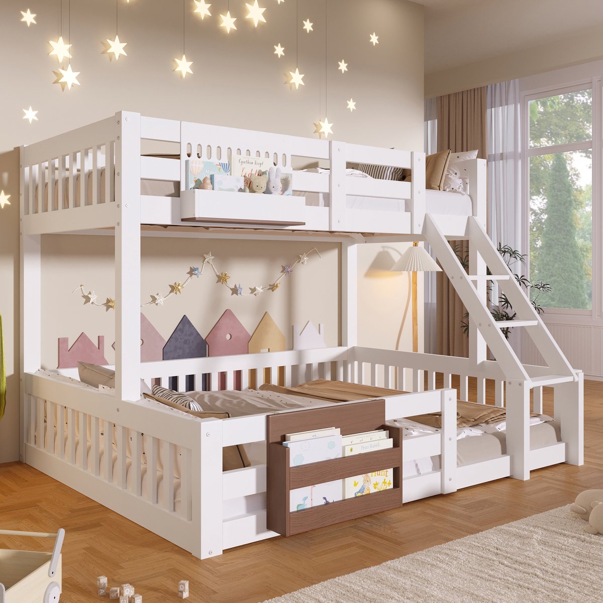 Stapelbed 90x200 cm - Met Opbergruimte - Met Ladder - Met Valbeveiliging - Wit