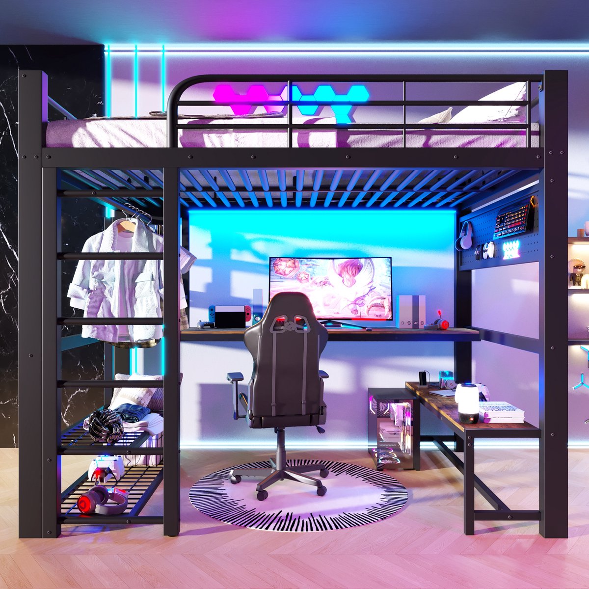 Hoogslaper 140x200 cm - Met LED-Verlichting - Met Opbergruimte - Met Ladder - Zwart