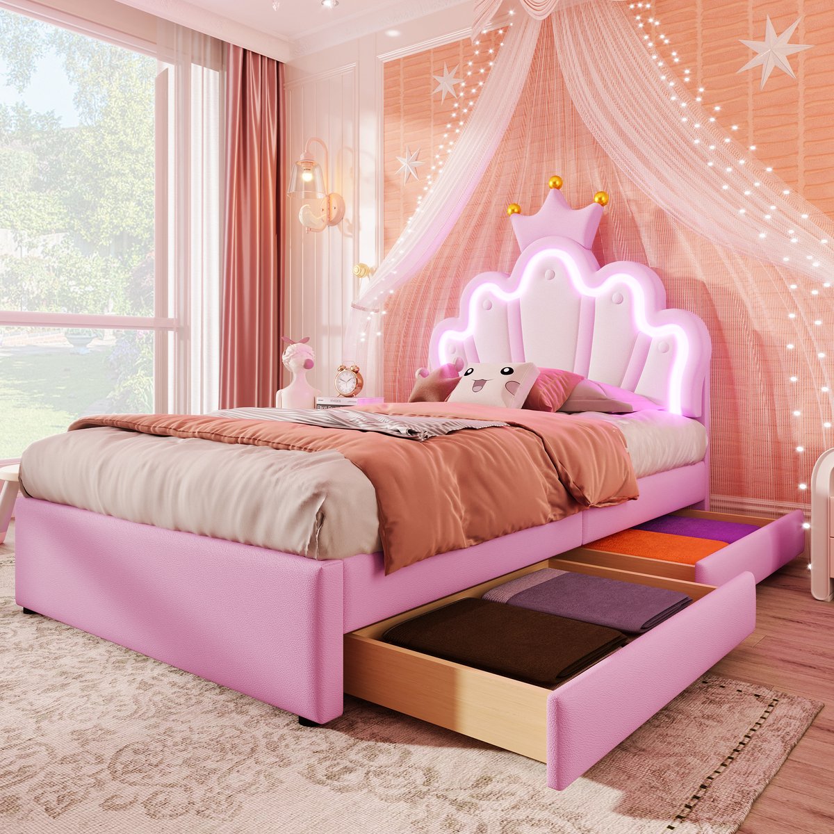 Gestoffeerd Bed 90x200 cm - Met LED-Verlichting - Met Opbergruimte - Met Lades - Roze