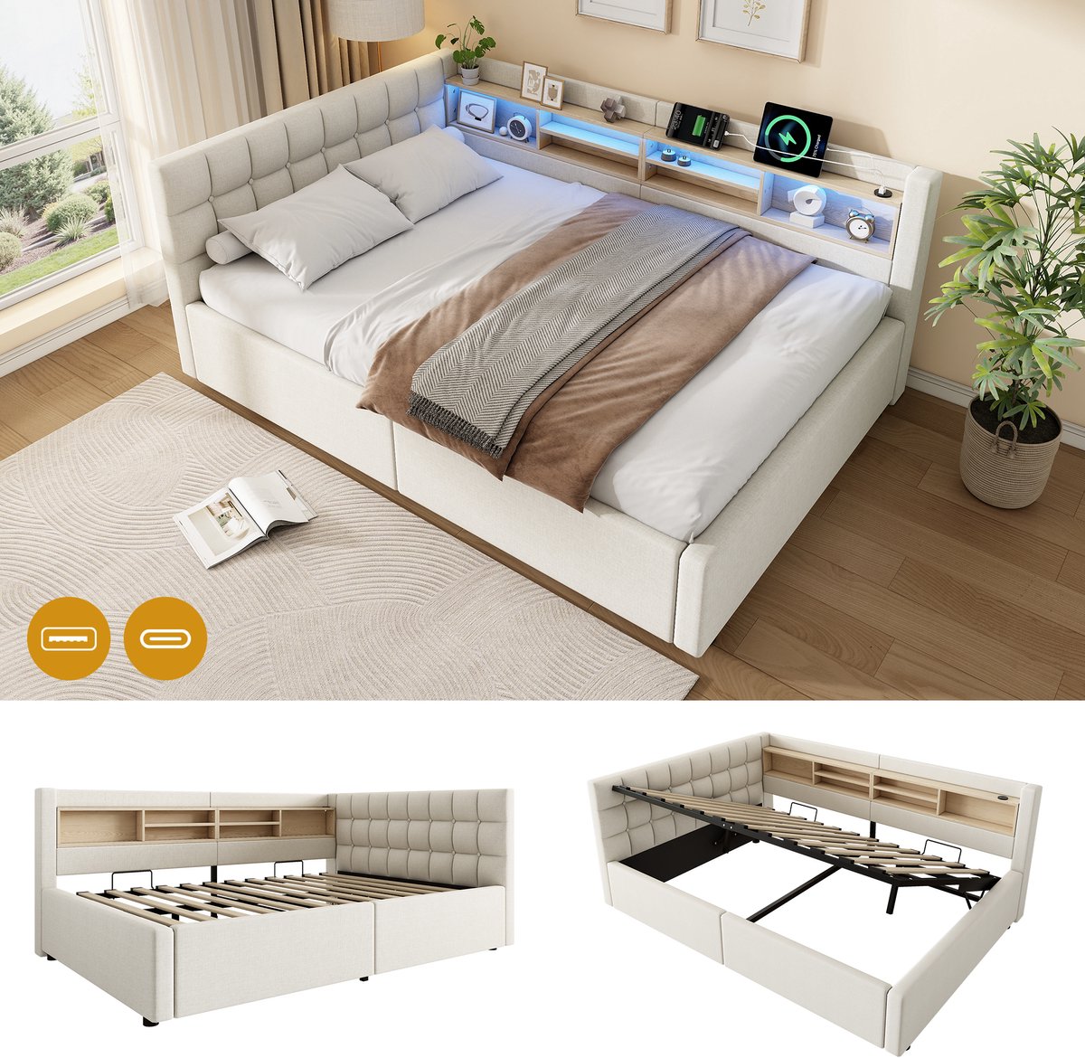 Dagbed 140x200 cm - Met LED-Verlichting - Met Opbergruimte - Met USB-Oplaadpunt - Beige
