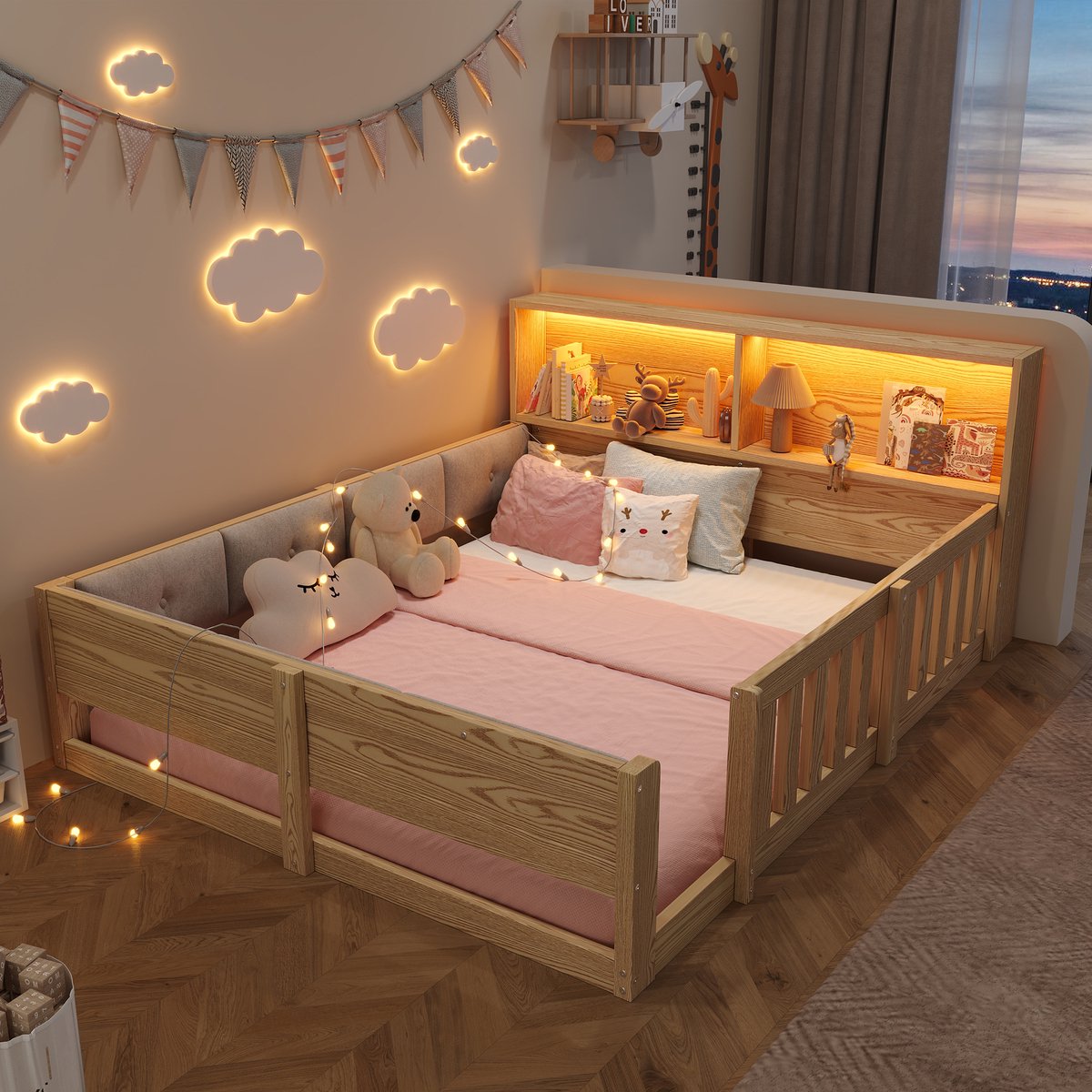 Gestoffeerd Bed 140x200 cm - Met LED-Verlichting - Met Valbeveiliging - Natuurlijk