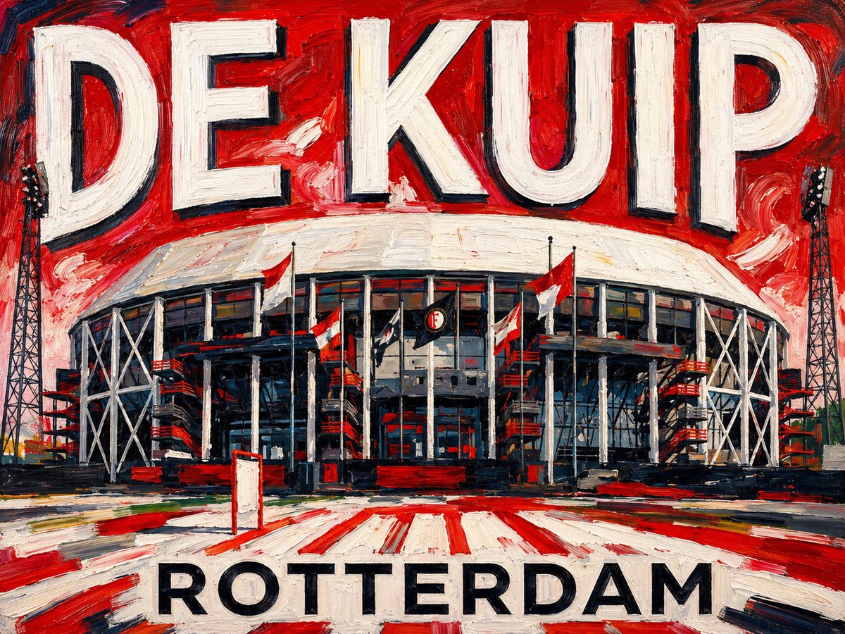 Atelier Iconique De Kuip Feyenoord Fauvist Color Painting Stadiums - Print op Canvas 80x60 cm - Atelier Iconique gedurfde, levendige en contrastrijke fauvistische kleuren