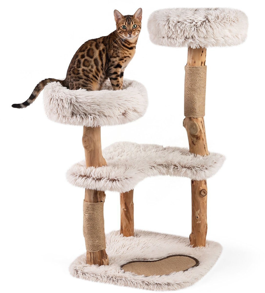 COSTWAY Krabpaal van hout - kattenboom met massief hout krabpalen - jute krabmat - 2 pluche zitplaatsen - 2 grote platforms - kattentoren - 101 cm