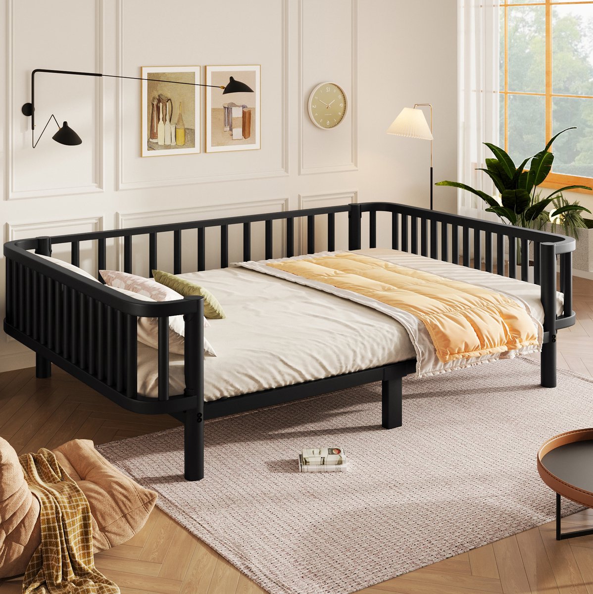 MIVRAY Bedbank 140 x 200 cm Zonder Matras - Metalen Slaapbank Met Stalen Lattenbodem - Voor Woonkamer Slaapkamer En Studentenkamer - Zwart