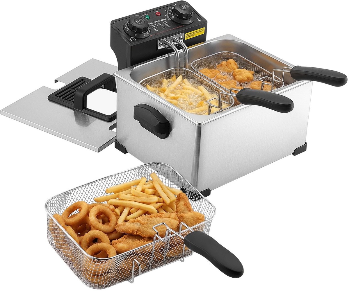 Elektrische Friteuse - Commercieel Tafelmodel - 5,2 Liter Oliecapaciteit - 2500 W - 3 Frituurmandjes - Temperatuurregeling met Timer - Zilverkleurig
