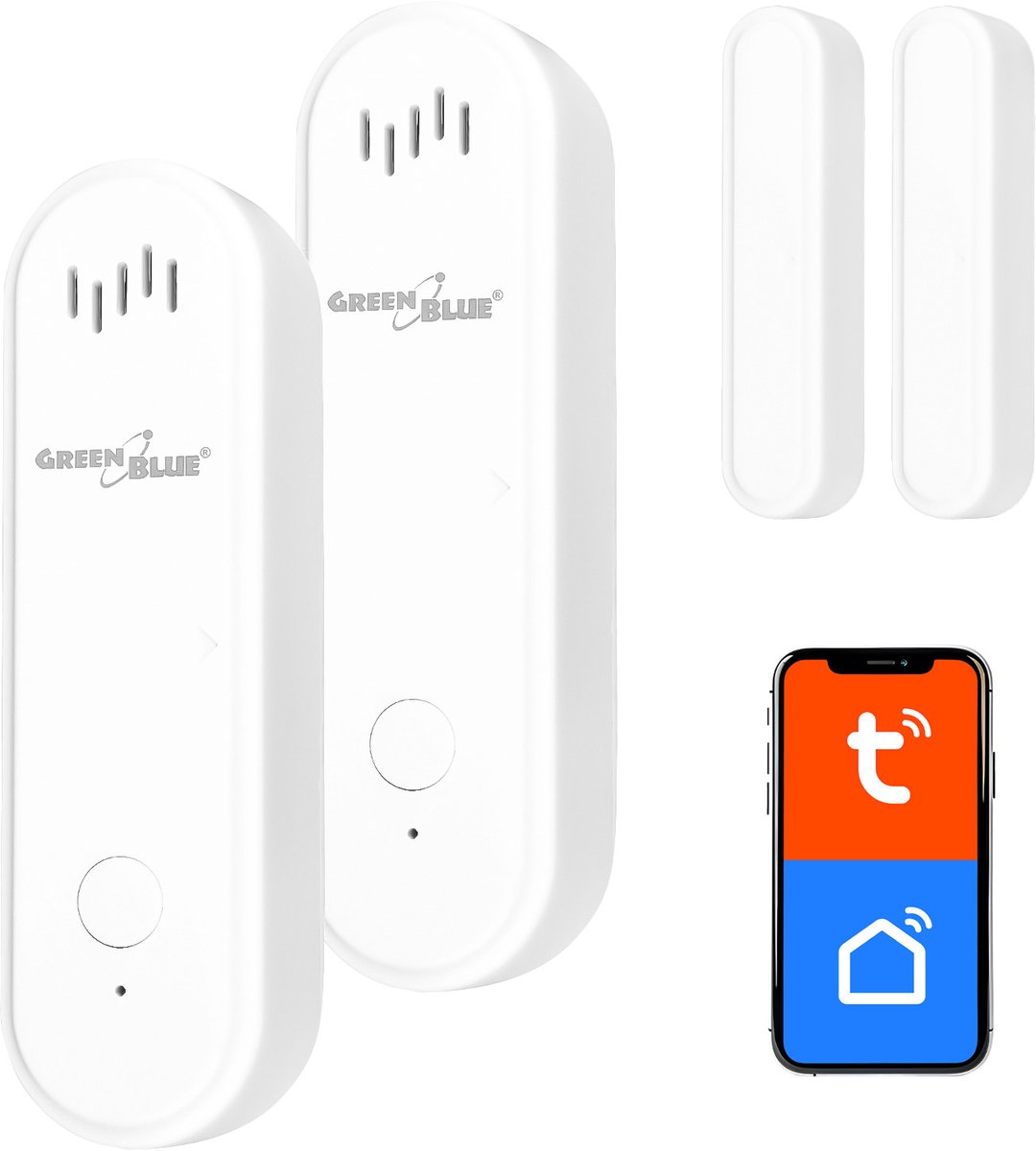 GreenBlue - 2 stuks Tuya slimme wifi- deur en raamsensor - Draadloze reedschakelaar - Alarm - WiFi-openingssensor -3,0 V DC, LR03x2, GB478