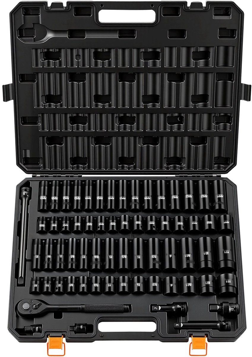 Slagdoppenset - 65-delige doppenset met 1,27 cm aansluiting - SAE 0,95-3,18 cm en metrisch 10-24 mm - Inbussleutels - Chroom-vanadiumstaal - Opbergkoffer