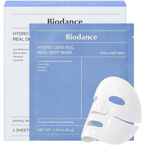 Biodance Hydro Cera-Nol Real Deep Facial Sheet Mask, 4 vellen, met Hyaluronzuur, Gletsjerwater, Panthenol en Ceramide. Wit masker.