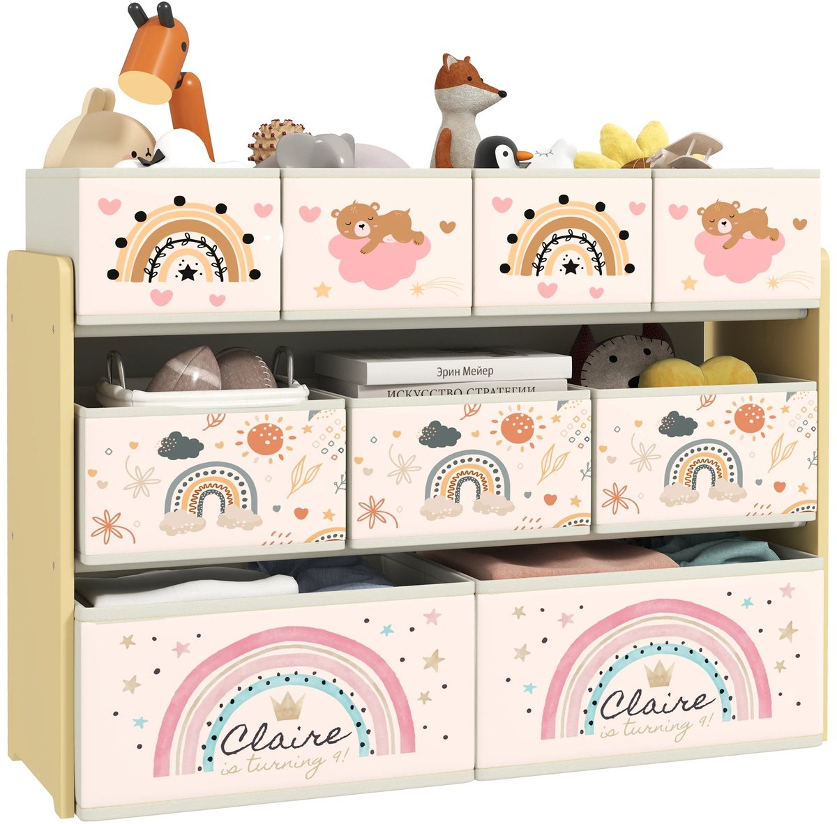 G&G speelgoedkast - Opbergkast - Opbergrek - Speelgoedkist - Speelgoed organizer - Kinderen - 9 Stoffen manden - Wit - Grenen