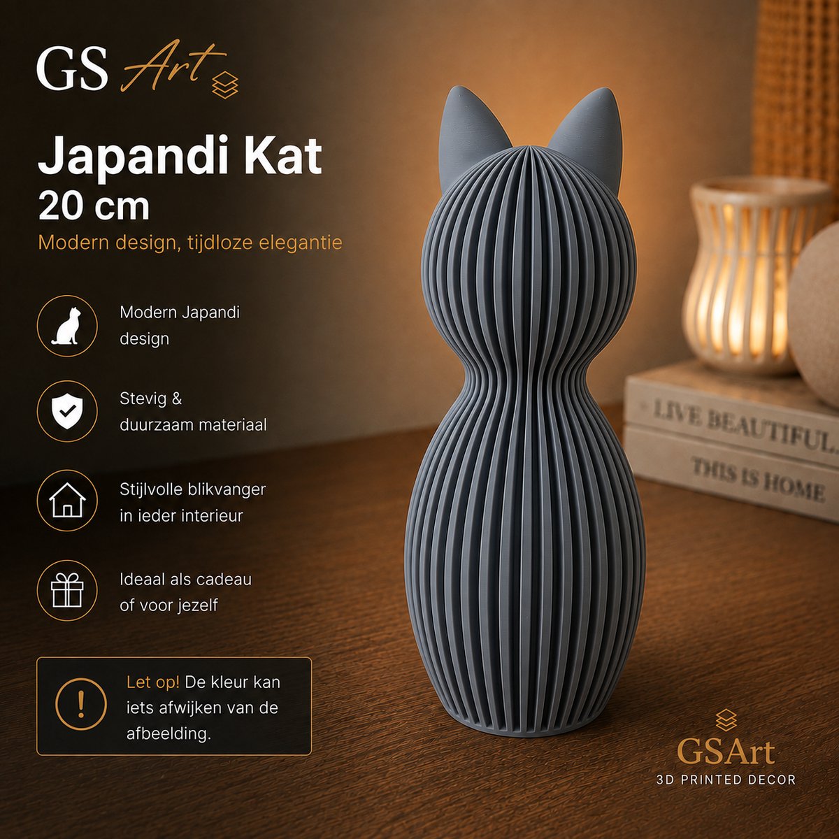 GSArt Japandi Kat 20 cm – Modern 3D Geprint Decoratiebeeld - Mat Asgrijs