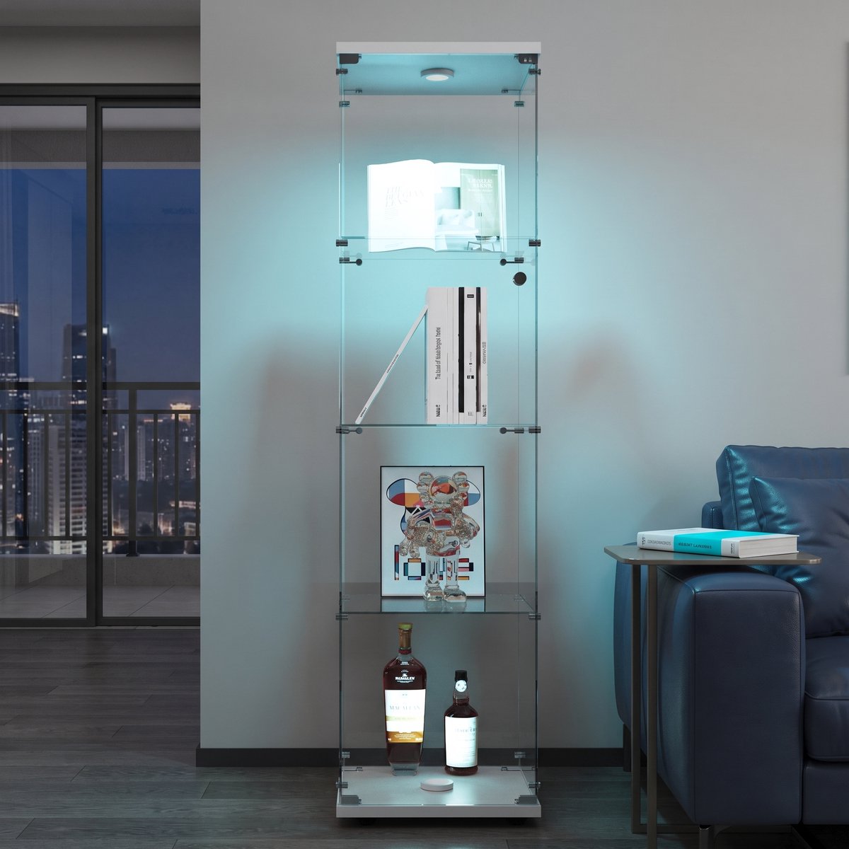MEXUS Glazen Vitrinekast, Vrijstaande Opbergkast met Ledverlichting, 4-Laags Glazen Vitrine, Geschikt voor Kantoor, Woonkamer, Keuken, 164 x 42,5 x 36,5 cm (Wit)