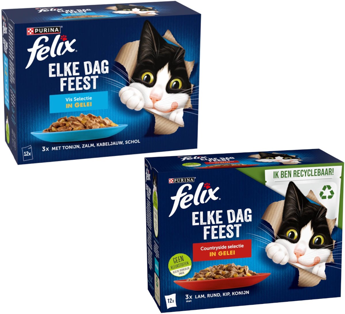 Felix Felix Elke Dag Feest Vis & Vlees Selectie In Gelei - Proefpakket - Katten Natvoer - 1020g (12x85g) + 1020g (12x85g)
