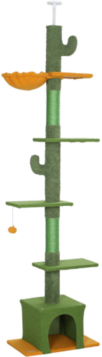 Plafondhoge krabpaal, 230-275 cm, met kattenhol, krabpalen, speelbal, kattenmeubel met anti-kantelmechanisme, groen