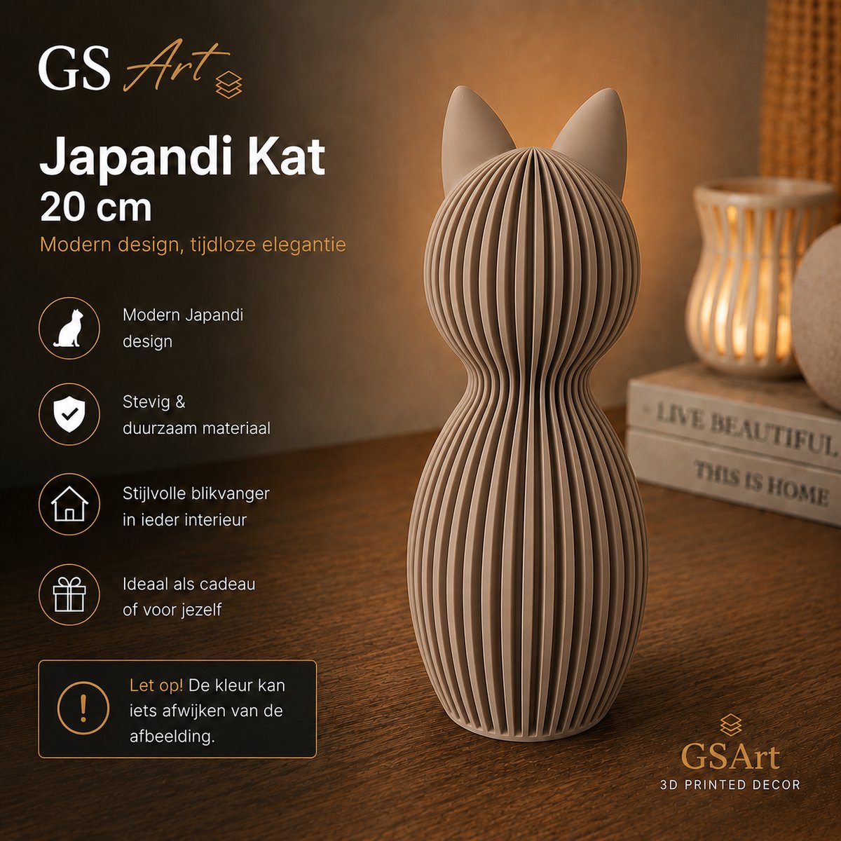 GSArt Japandi Kat 20 cm – Modern 3D Geprint Decoratiebeeld - Mat Latte bruin