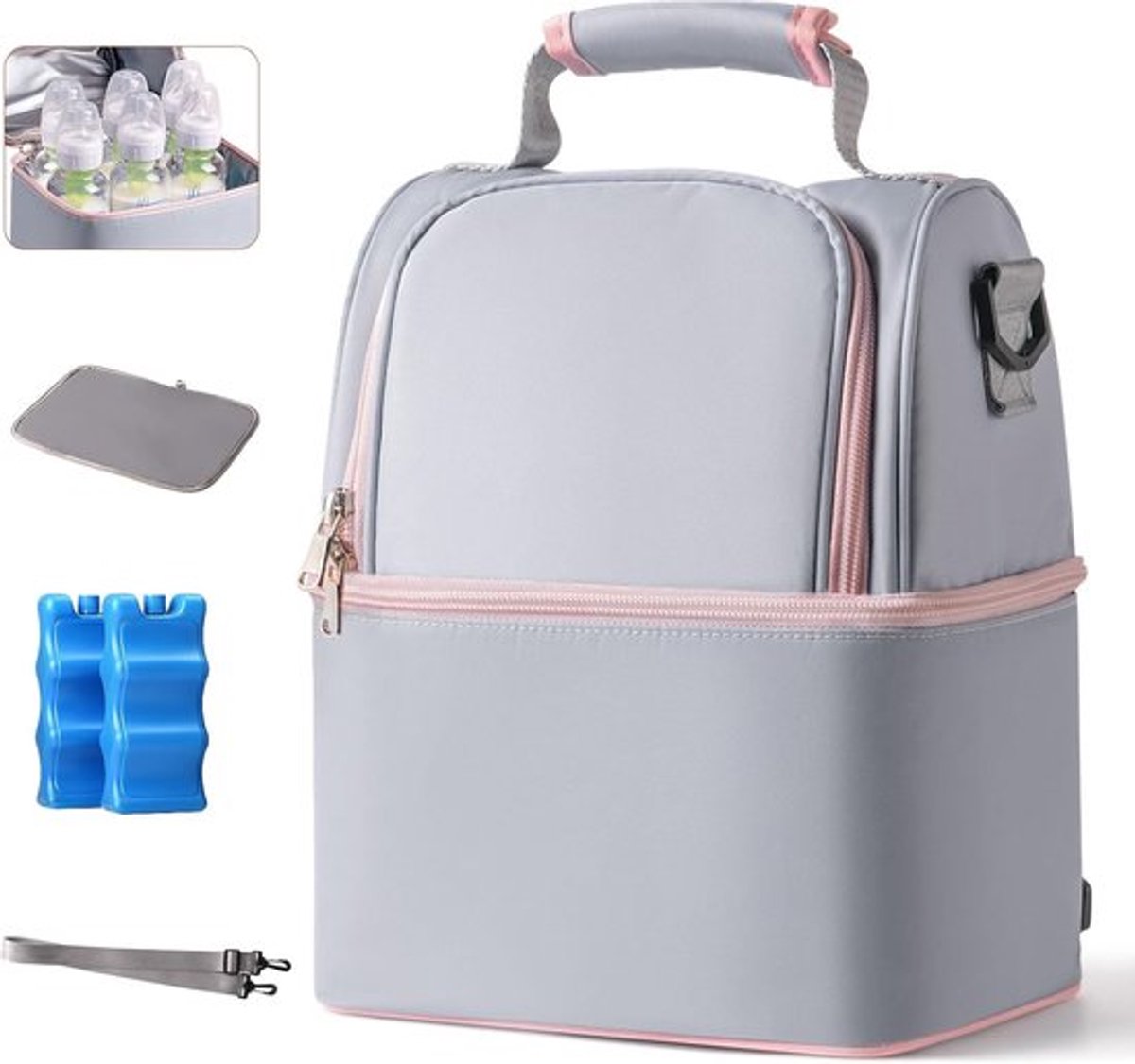 Thijox - Moedermelkkoeltas met Ijspak - Geïsoleerde Lunchtas voor 6 Babyflessen - Dubbeldeks Koeltas voor Moeders en Vaders - Ideaal voor Dagopvang, W