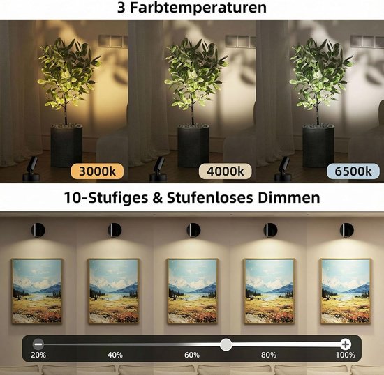 Draadloze oplaadbare USB-led-wandspot (4000 mAh) | Leeslamp met afstandsbediening & touchbediening – Ingebouwde timer; geschikt voor planten, kunst, kasten, slaapkamers, woonkamers – 1 stuk [Energieklasse F] — afbeelding 5