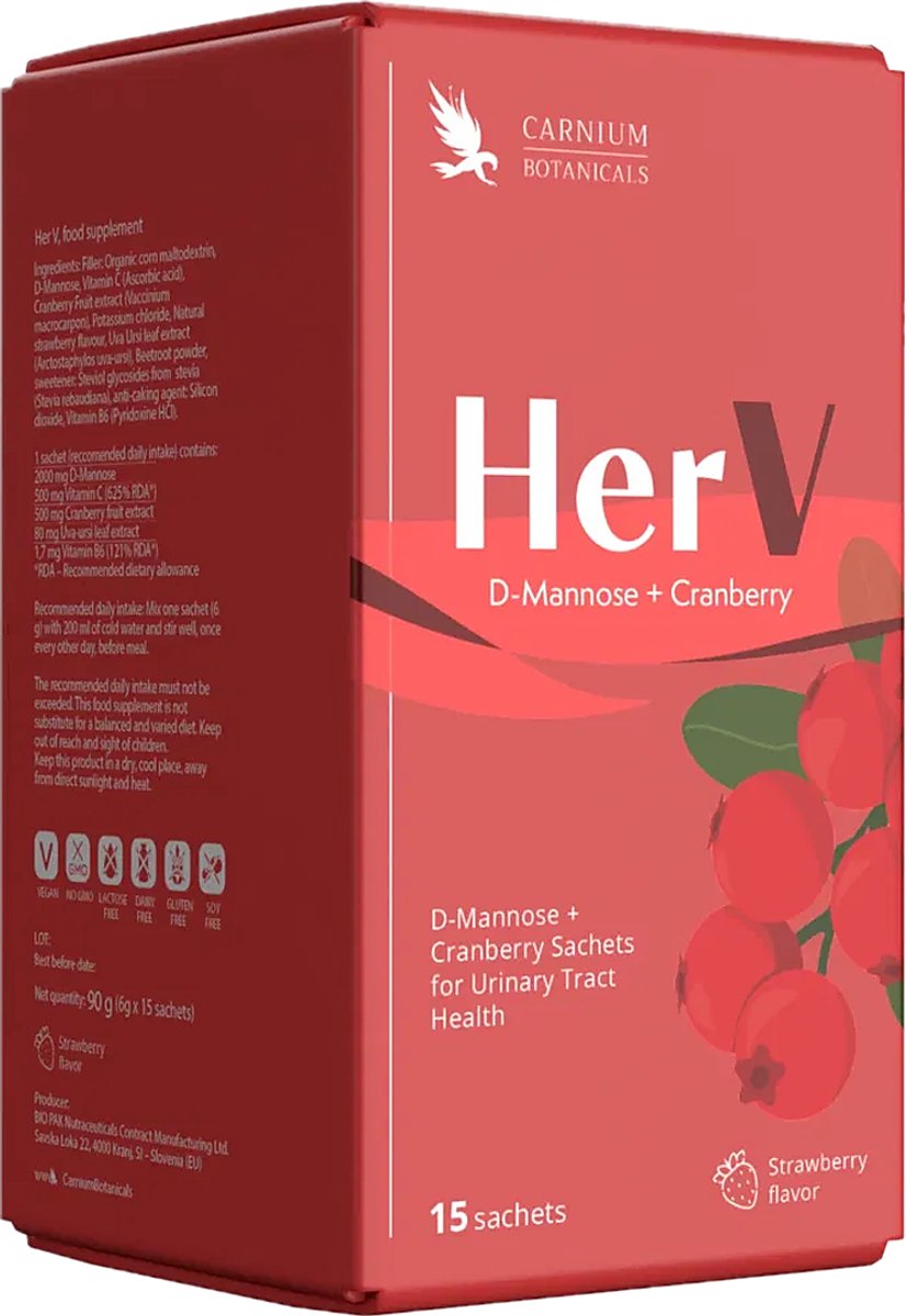 Carnium Botanicals HerV – Voedingssupplement – D-Mannose & Cranberry voor Urinewegen – Aardbei Smaak – Vegan – 15 Sachets (90g)