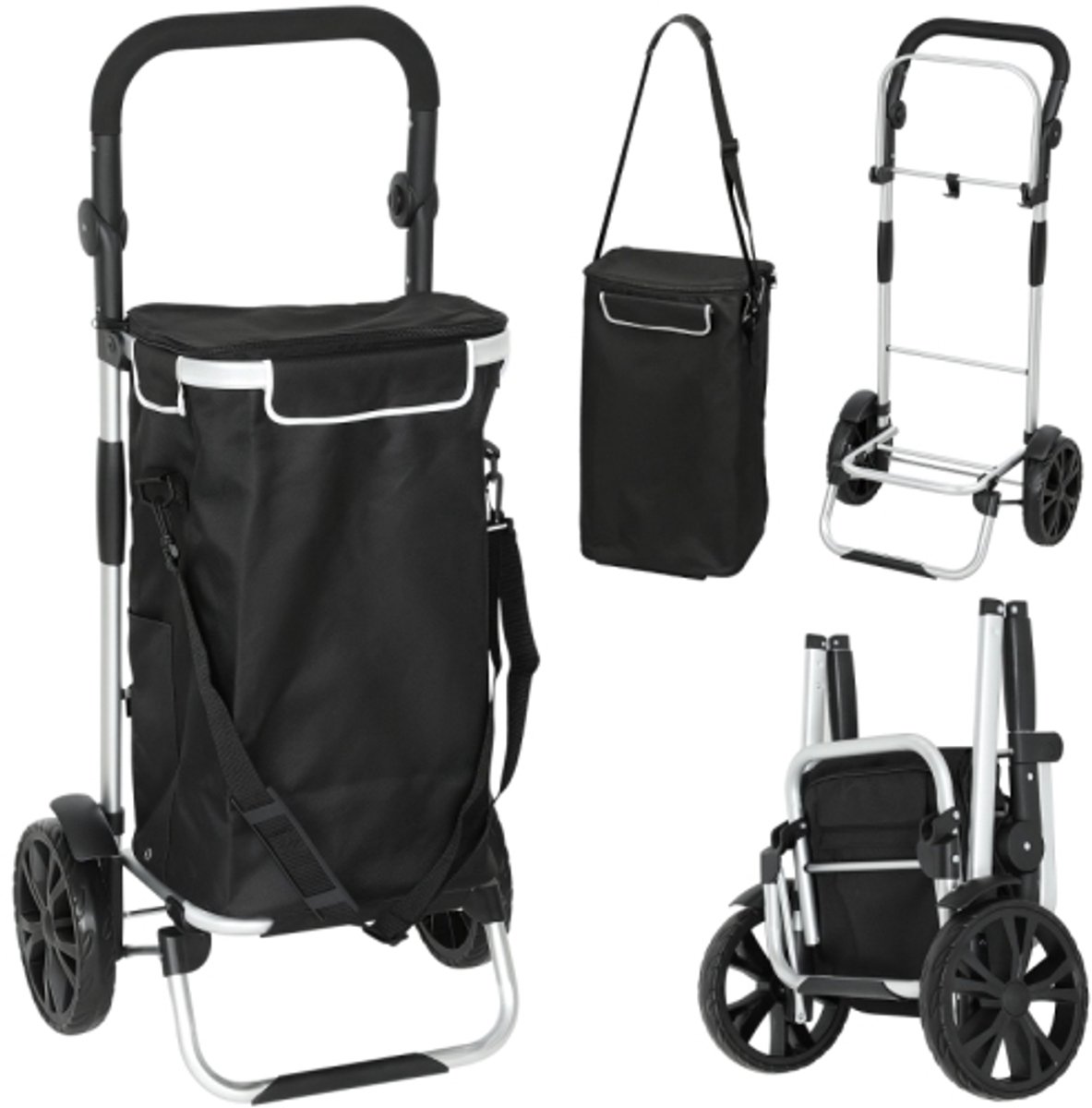 Opvouwbare 3-in-1 boodschappentrolley met een inhoud van 40 liter, een draagvermogen tot 25 kg en een koelvak – Zwart