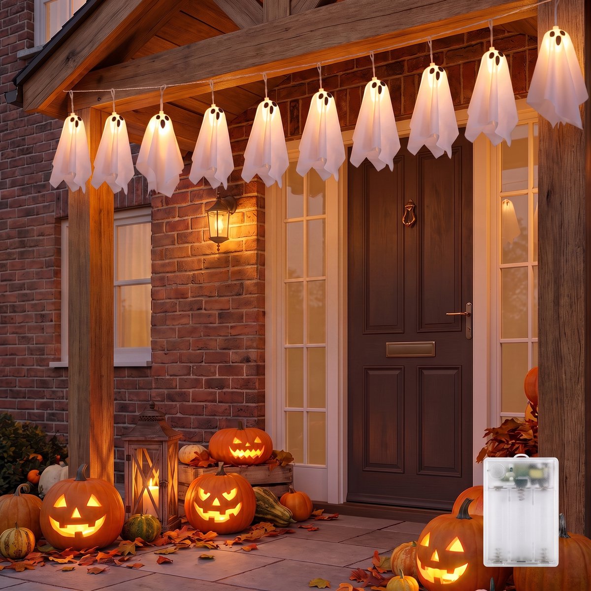 Ryoudavell - 10 Stuks - Hangende Halloween Spook Decoratie 2.75 meter - LED - Voor Tuin - Veranda & Boom(Acht verlichtingsmodi)
