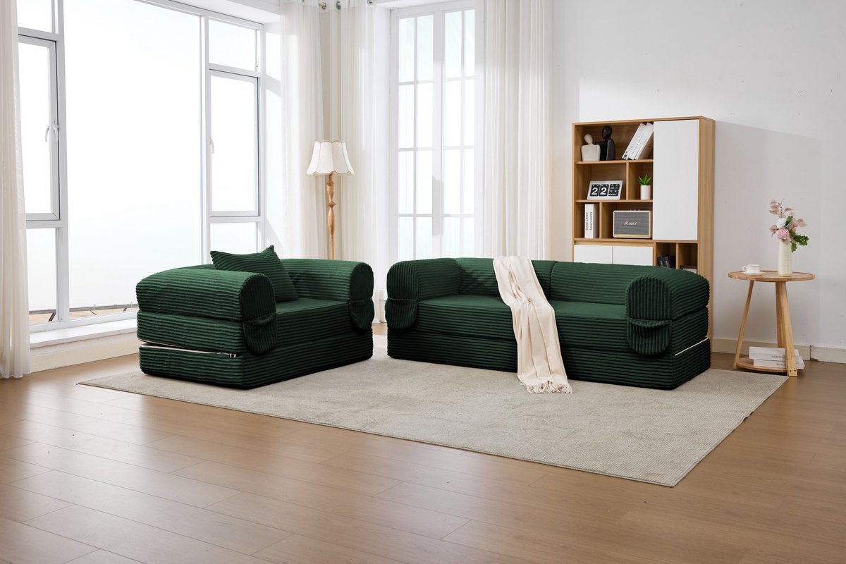 Modulaire Bank - 3-Zits Corduroy Sofa Set Met 1-Zits En 2-Zits Fauteuil - Frameloze Ribstof Lounge Bank Met Zachte Schuimvulling - Compacte Hoekbank Voor Woonkamer, Slaapkamer En Appartement - Groen