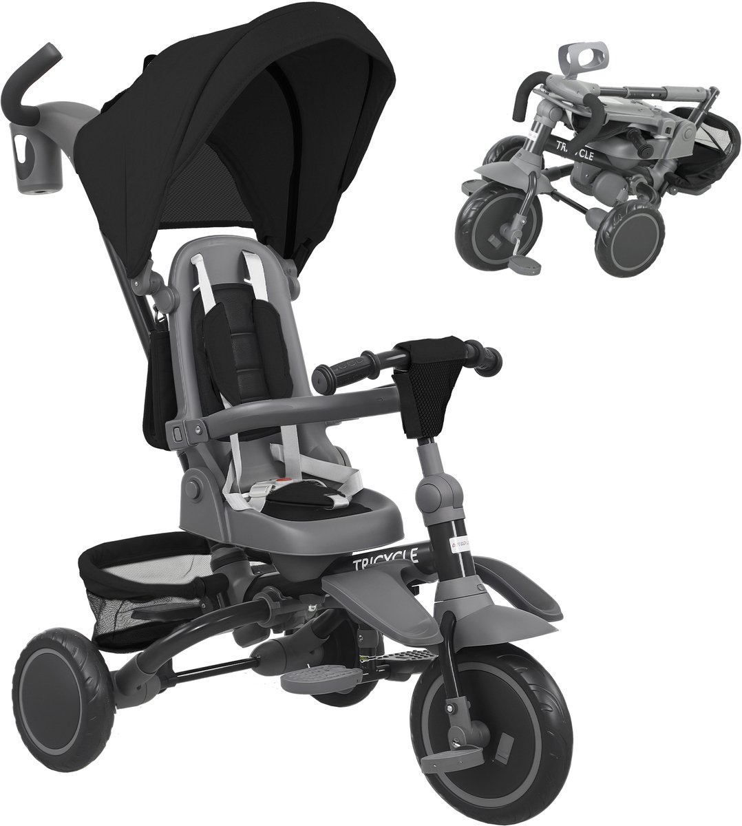 ECTEATOY® 6-in-1 Driewieler voor Kinderen - Met Duwstang en Draaibaar Zitje - Opvouwbaar - 111,5x52x98 cm - Zwart