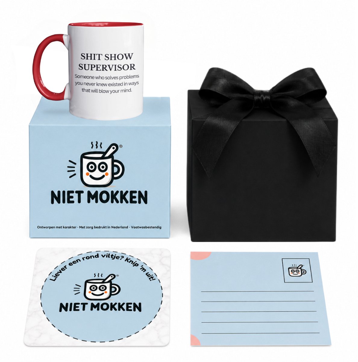 NietMokken.nl – Mok Cadeauset – SHIT SHOW SUPERVISOR – Grappige Mok voor Baas, Manager of Teamleider – Cadeau voor Collega – Inclusief Cadeaudoos, Kaartje & Viltje – Aan beide zijden bedrukt