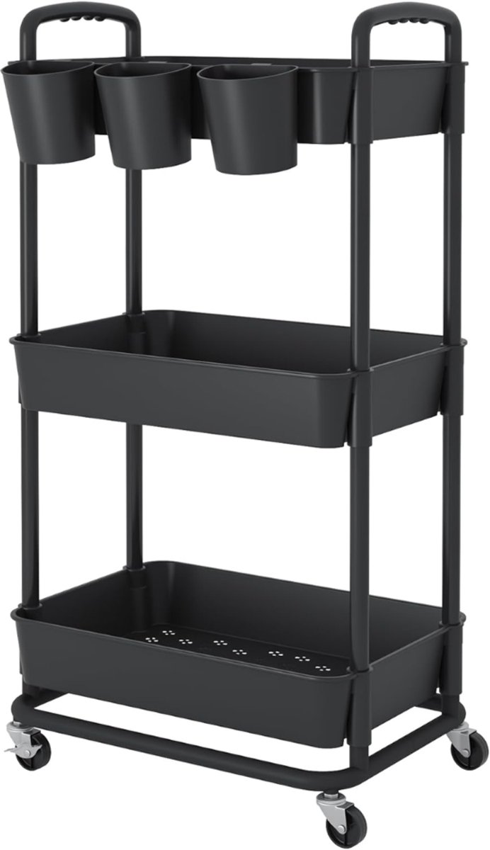 ZRNS® Badkamer Trolley - Keukentrolley op Wieltjes - Mobiel Opslagrek - 3-Laags - Zwart