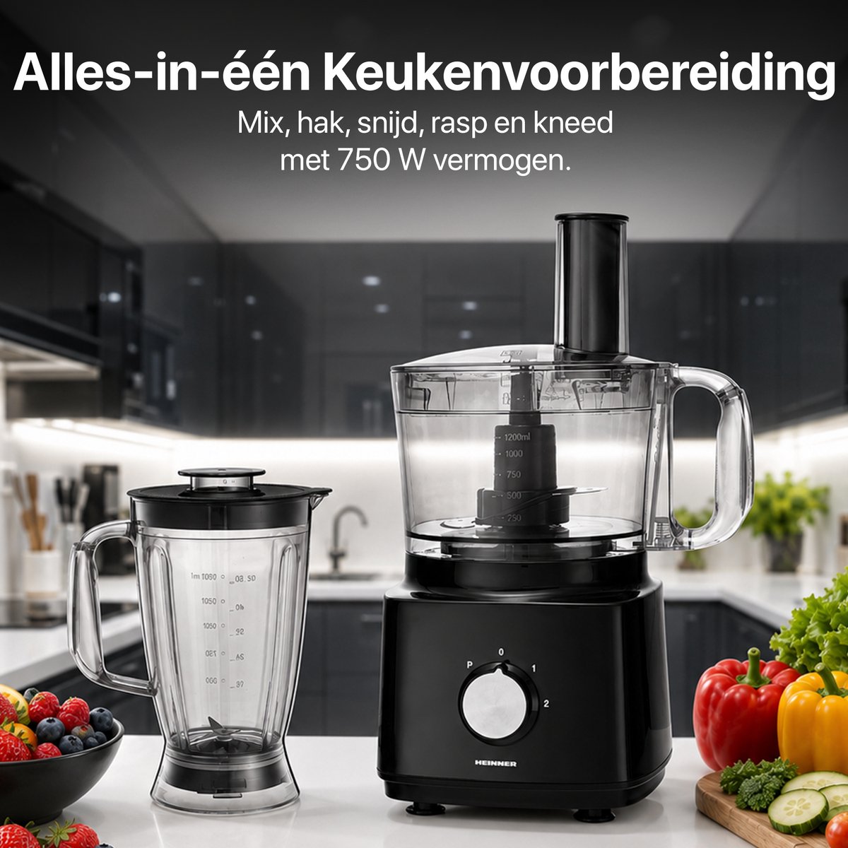Heinner Foodprocessor met 1.2 liter Mengkom en 1.8 liter Blender - 750W - Keukenmachine Zwart thumbnail 3