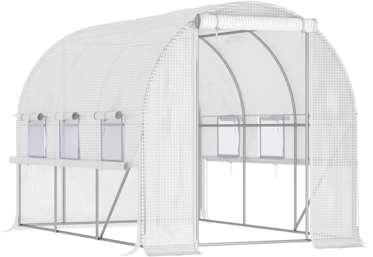 Tunnelkas - Folie Met UV-Bescherming - Oprolbare Ramen En Deur - Voor Tuin En Balkon - Steel - 295 x 2 x 2 m - Wit