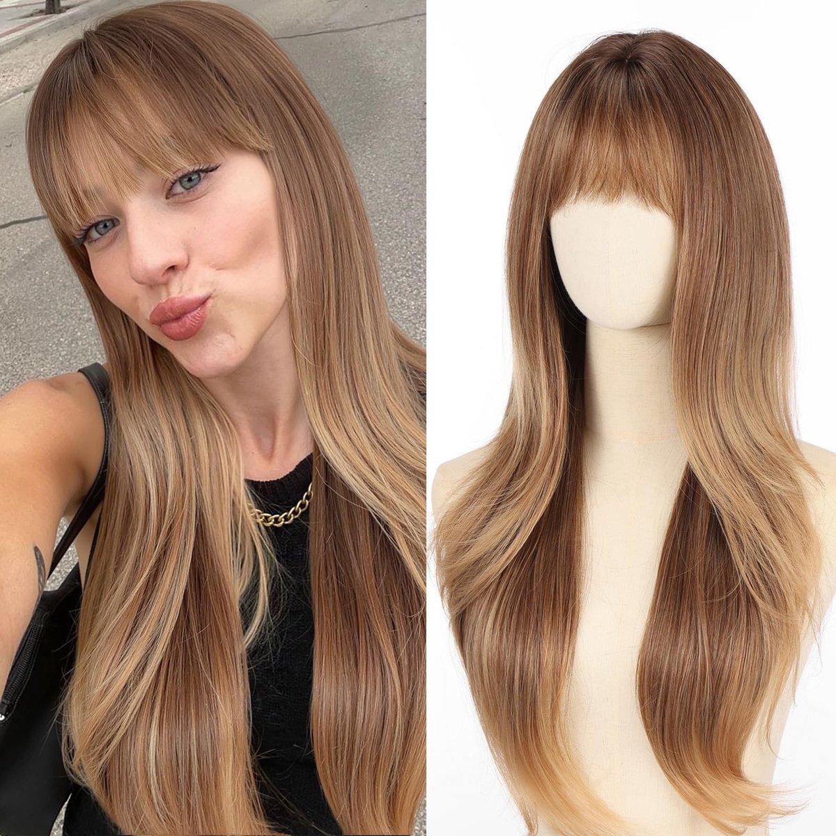 Solidchoice - Ombre Bruine Lange Golvende Perucque met Bangs voor Dames