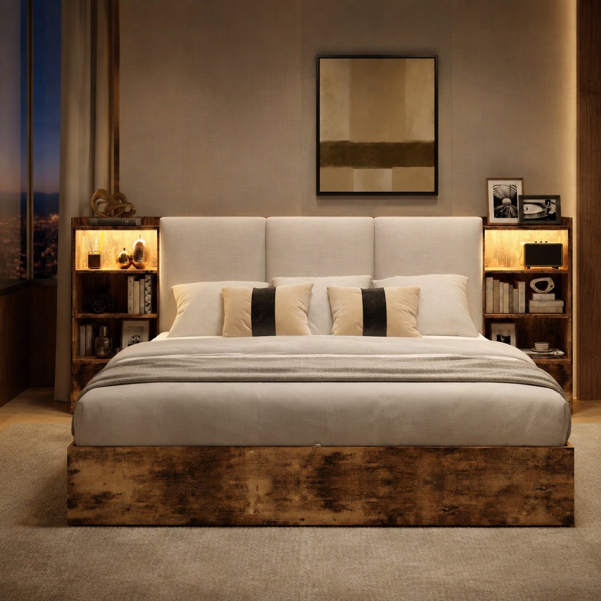 MODFU - Bedframe - Opbergbed - Met LED Verlichting - Hoofdbord - Stof - Bruin - 180 X 200 Cm