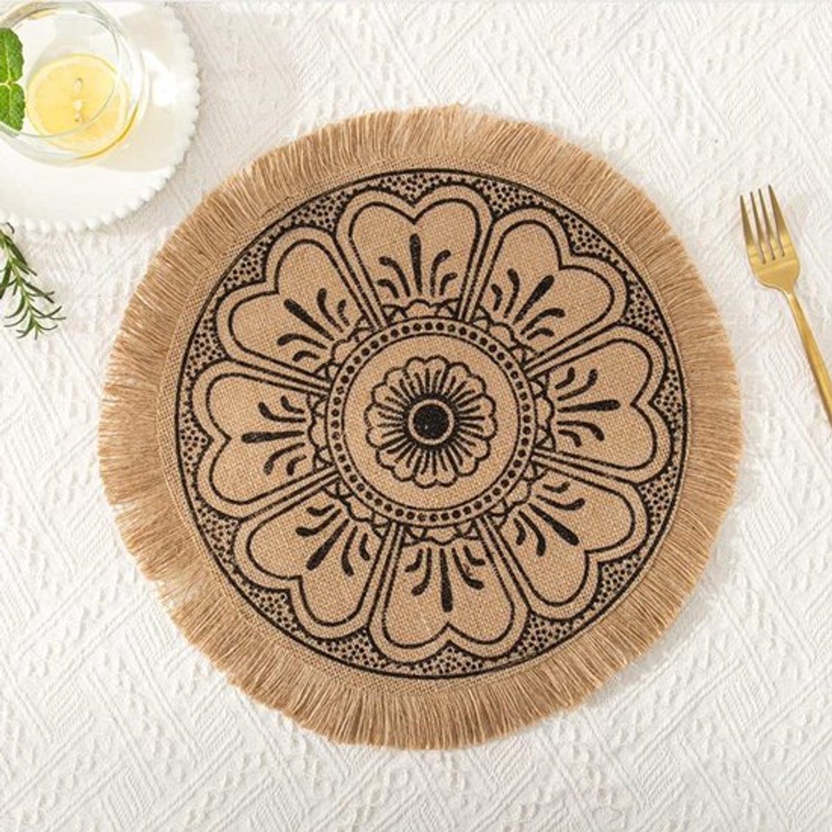 Boho geweven placemats van jute met mandala-tassel - Retro tafeldecoratie voor feesten, bruiloften en eetkamers - Set van 6 M