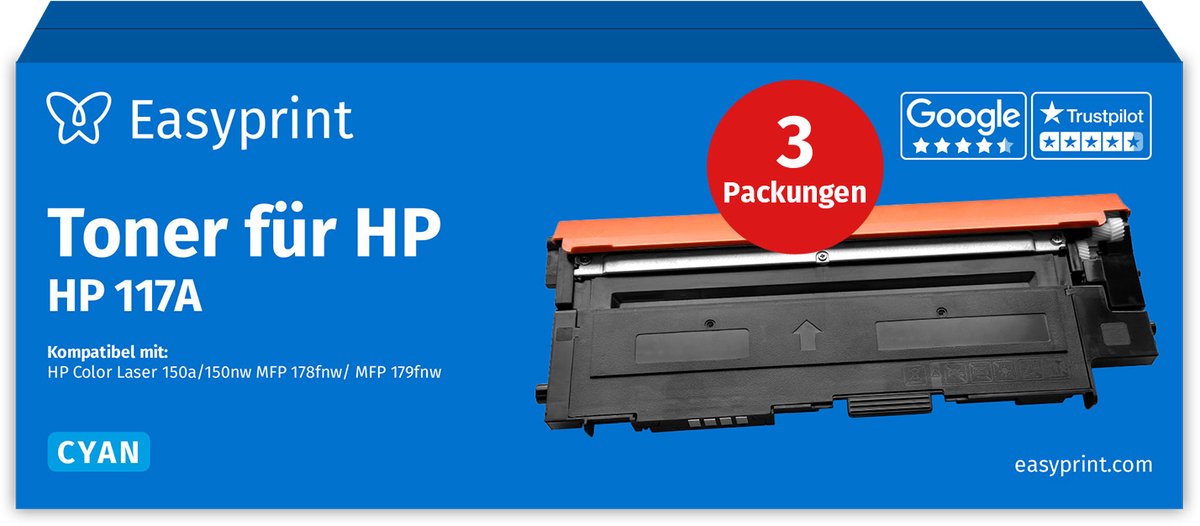NIEUW: Easyprint Toner voor HP 117A cyaan, compatibel met HP ColorLaser 150, MFP-178, e.d., 3 stuks