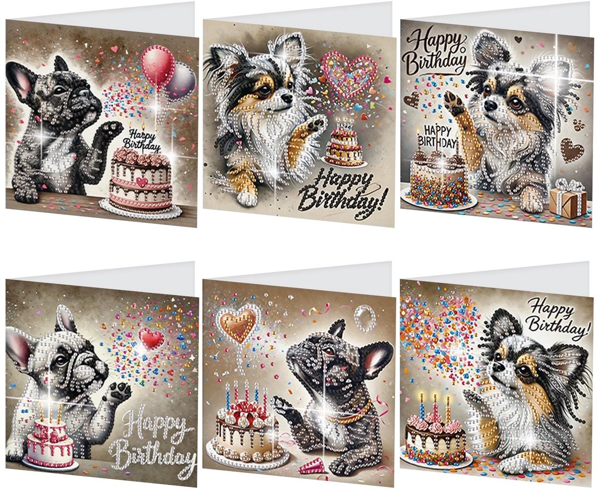 Solidchoice - Set van 6 Diamond Painting Wenskaarten met Honden en Taarten