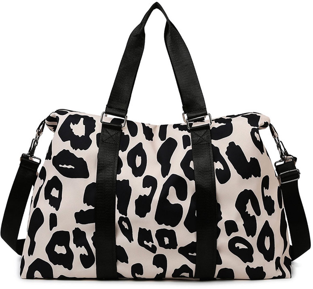 Dames & Heren Weekendtas – 20-35L – Beige met Zwarte Luipaardprint – Oxfordstof – Handtas, Schoudertas & Crossbodytas – Reistas voor Sport, Fitness, Weekendje Weg & Werk