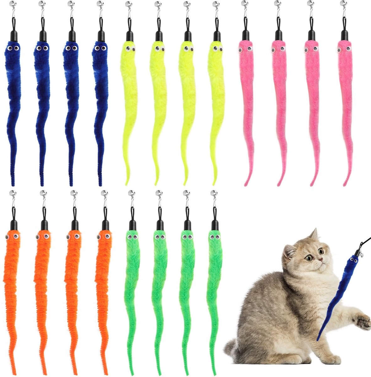 Solidchoice - Kattenspeelgoed Hengelset met 20 Kleurrijke Wormen