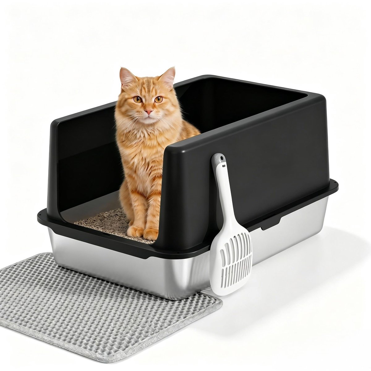 Solidchoice – RVS Kattenbak met Deksel, 60x40x30,5cm, Zwart