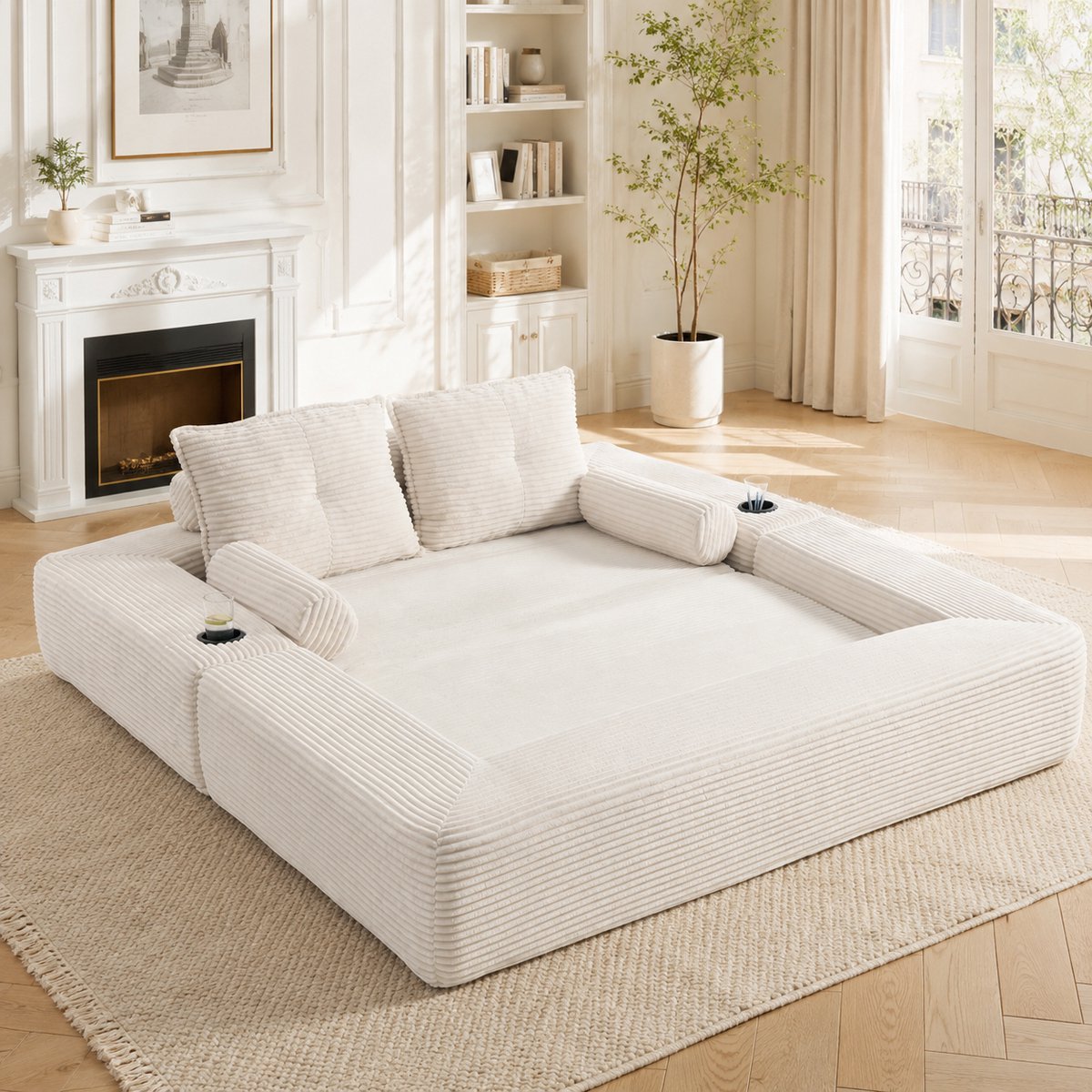 MODFU-Slaapbank-2-Zits-Opvouwbaar-Ribstof-Beige