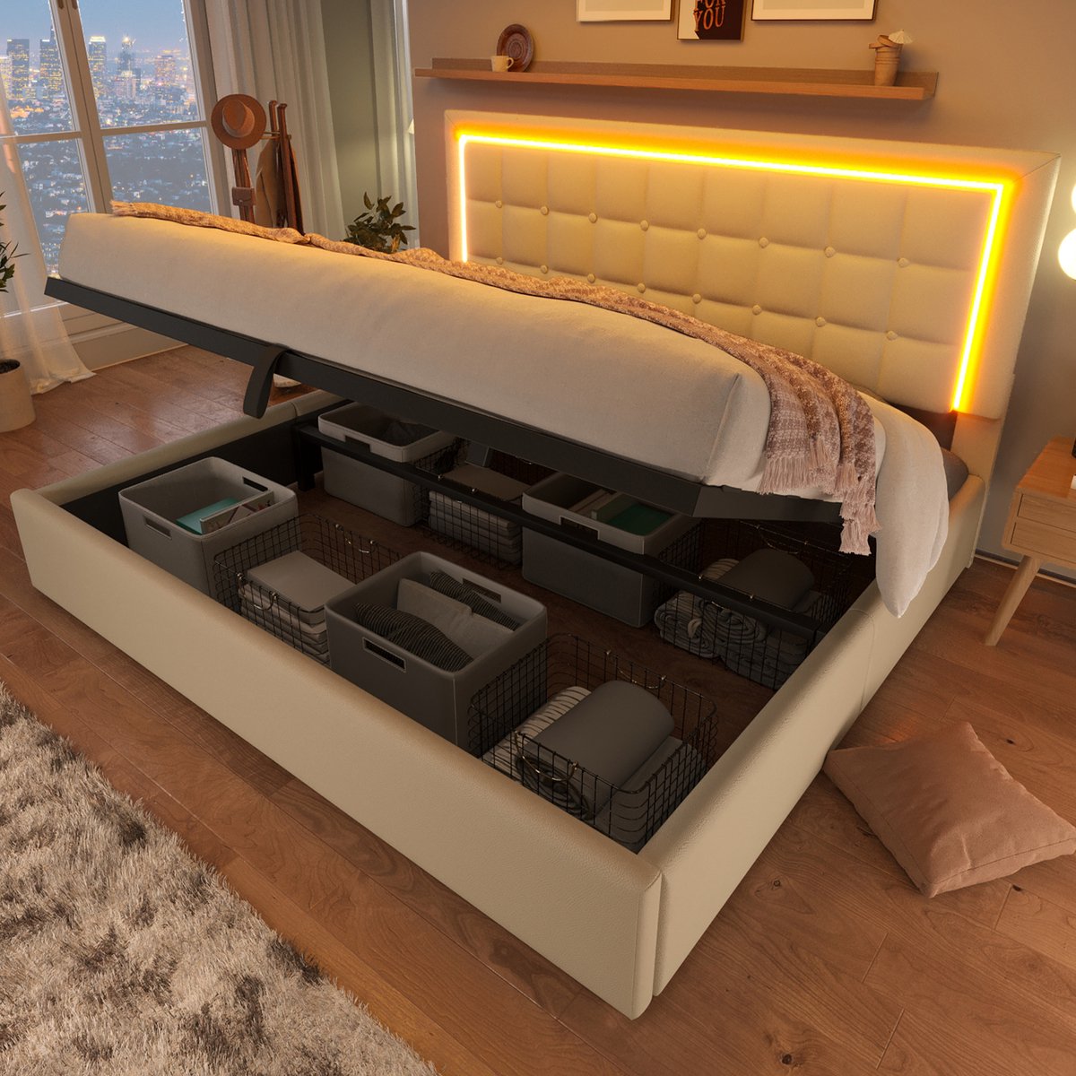 Gestoffeerd Bed 140x200 cm - Bedframe Met Ledverlichting En Opbergruimte - Inclusief Lattenbodem - Voor Slaapkamer En Logeerkamer - Kunstleer - Wit - Zonder Matras