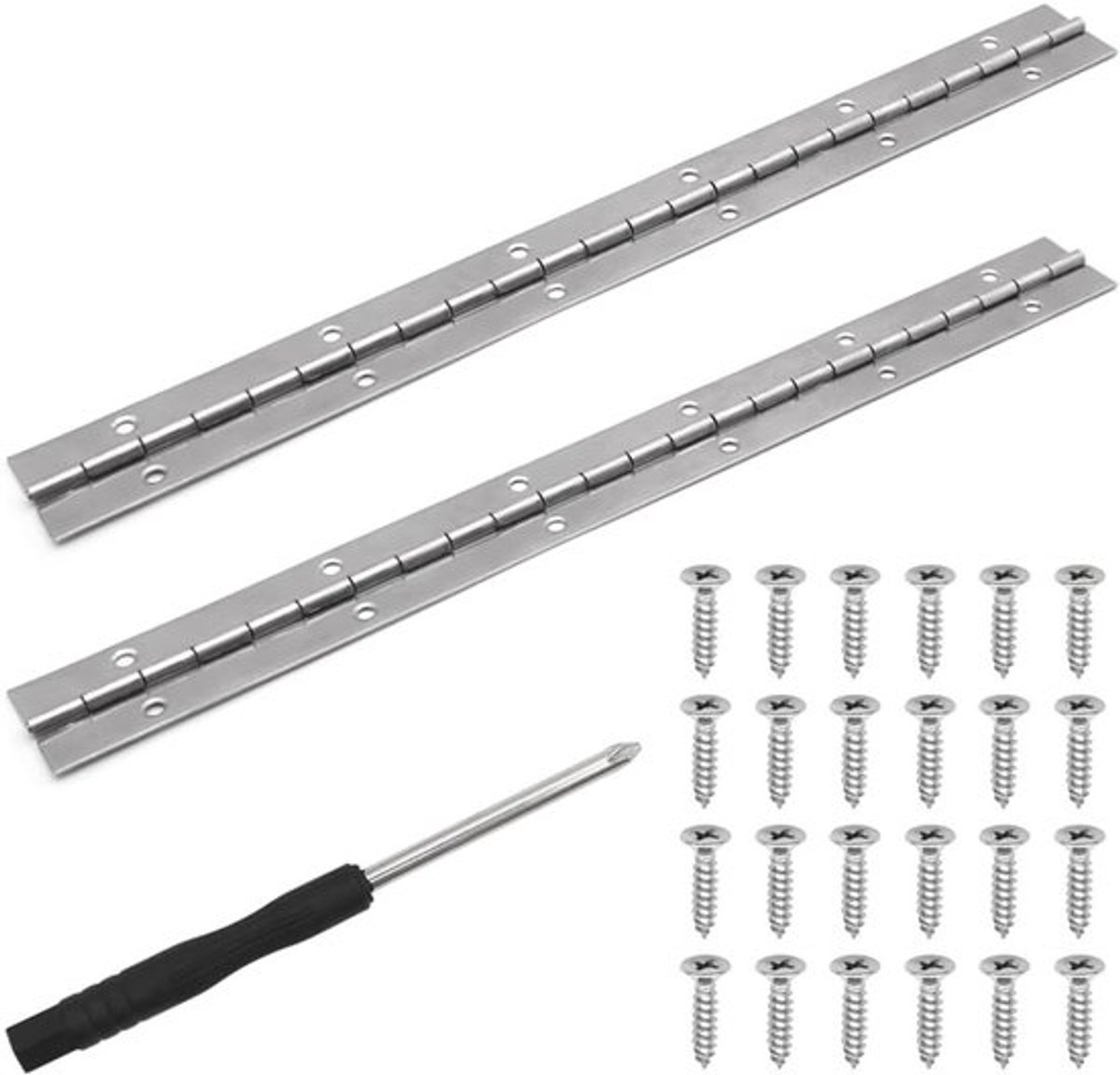 Roestvrijstalen piano scharnieren 30 cm - 2 stuks voor deuren en kasten, inclusief schroeven en schroevendraaiers, ideaal voor zware meubels en duurzame bevestiging