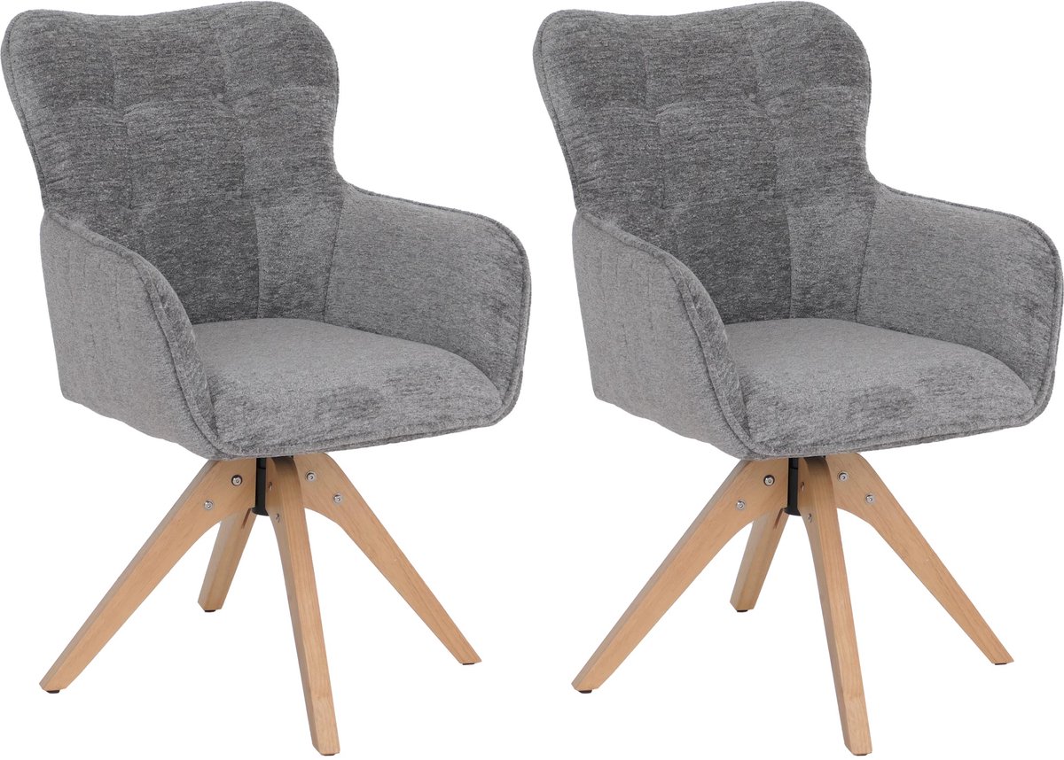 MCW Set van 2 eetkamerstoelen MCW-Q35, keukenstoel met draaibare armleuningen, chenille (680 g/m²) hout MVG ~ grijs