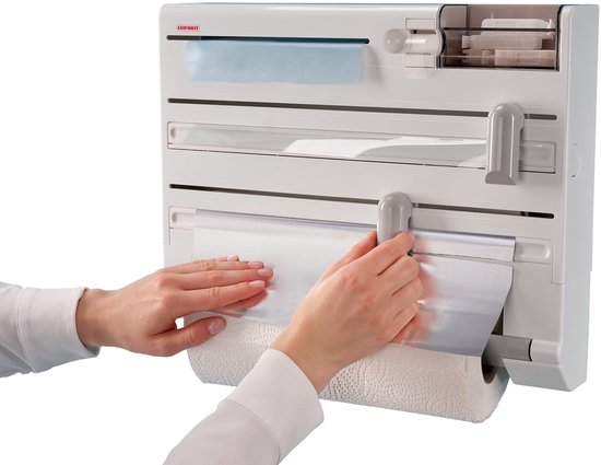 Support gris pour rouleau de cuisine, papier aluminium et film alimentaire avec rouleau bleu.