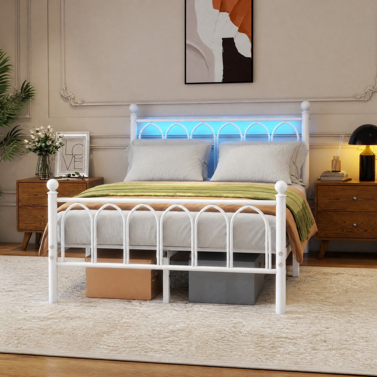 Metalen Bedframe 120x200 cm – LED Verlichting En USB Oplaadstation – Met Opbergruimte Onder Bed – Voor Volwassenen – MDF En Metaal – Wit – Zonder Matras