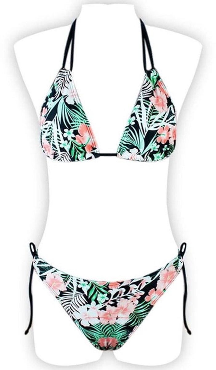 Bikini Dames - Triangeltop Halterdesign - Tangaslip - Verstelbare Bandjes - Tropische Bloemen - Sneldrogend Materiaal - Badmode