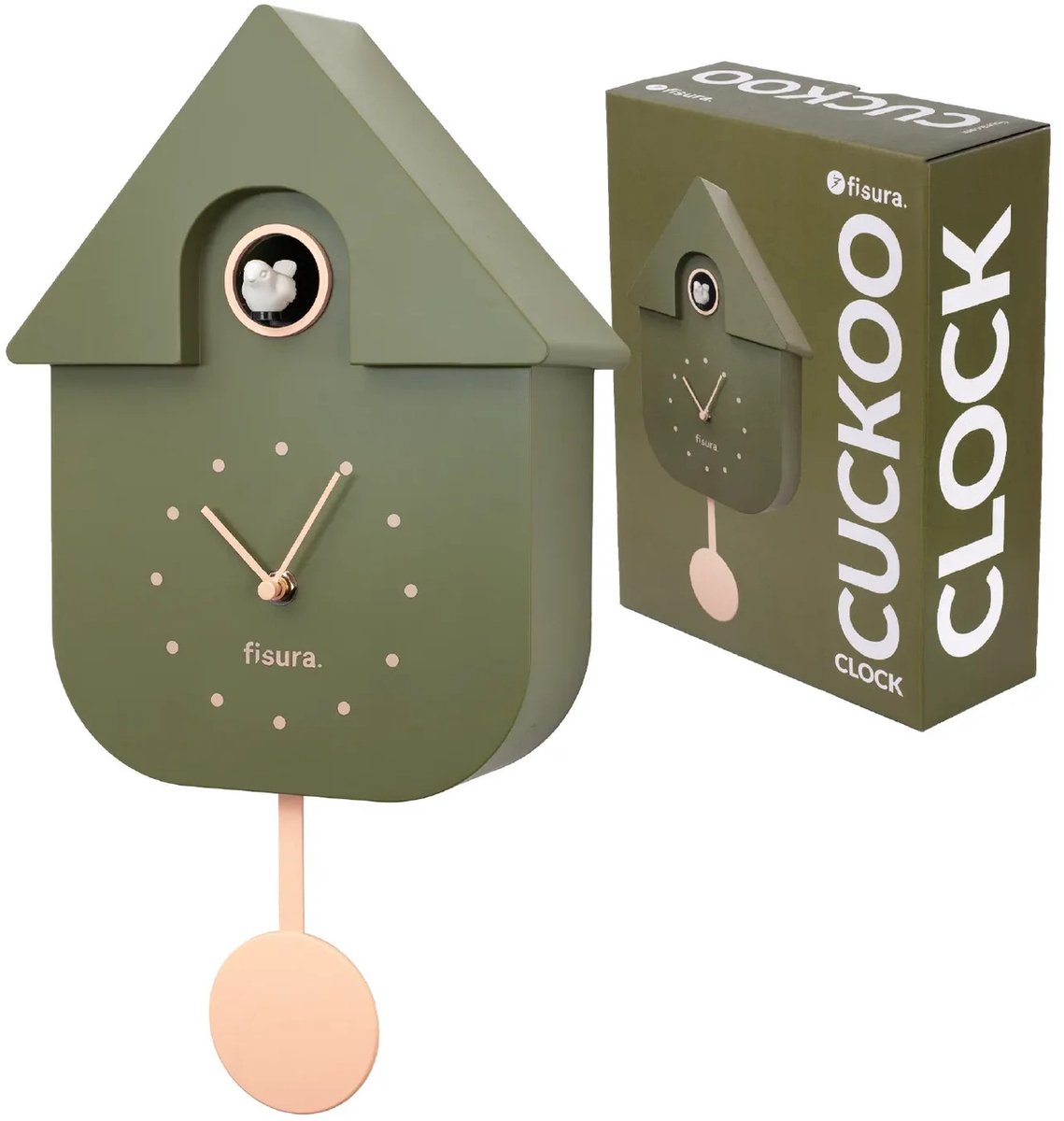 Fisura Koekoeksklok Modern Cuckoo ABS - Olijf Groen - 41,5x8x21,5cm - Scandinavisch + Batterijen